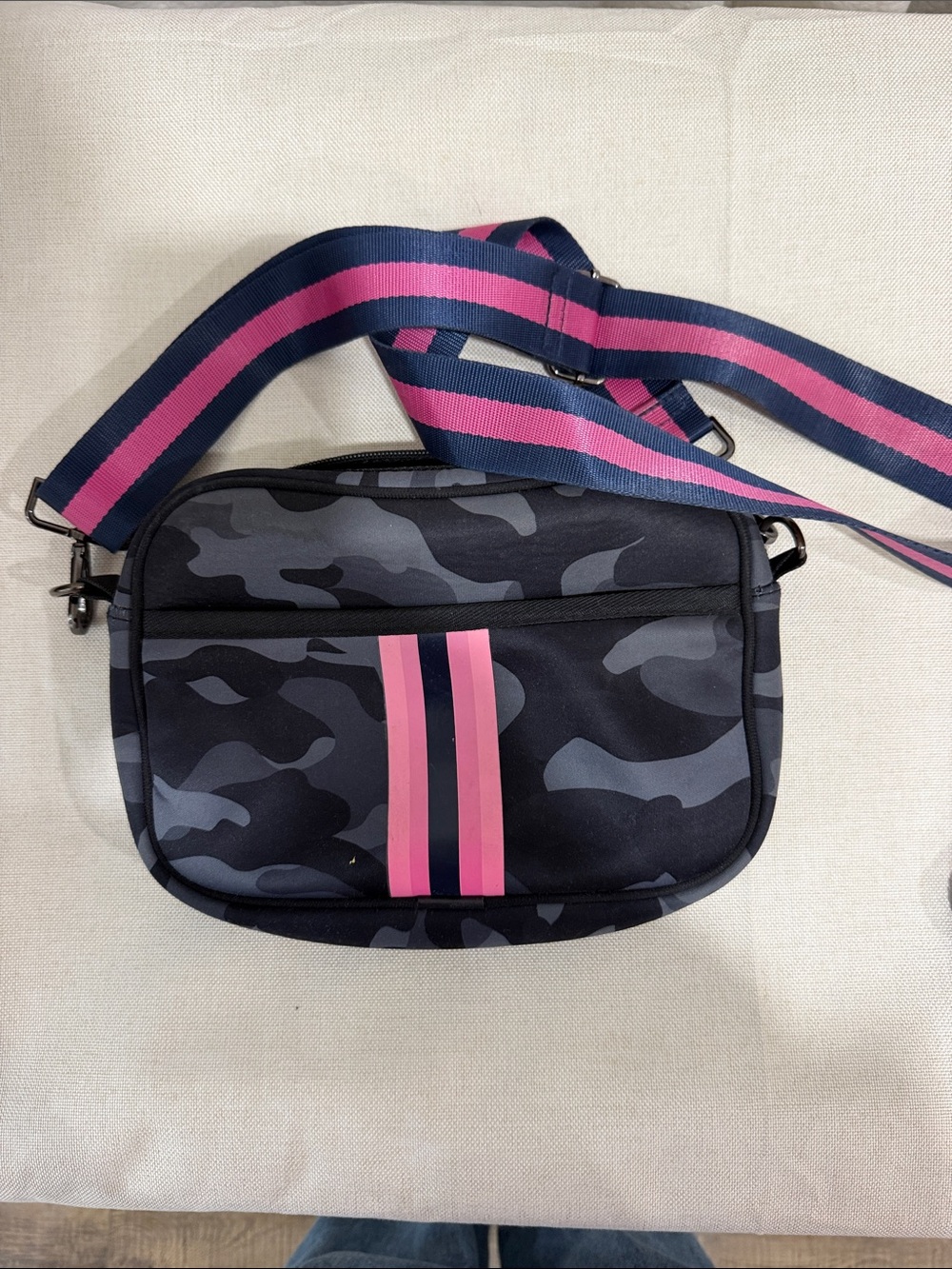 Haute Shore Black Camo Crossbody Belt Bag with Pink Stripe Accent